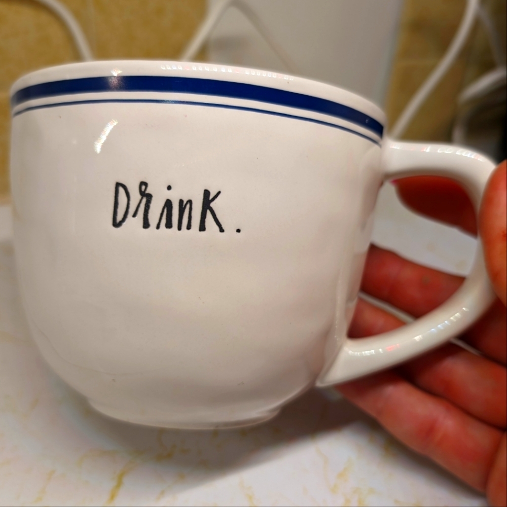 Drink vintage Rae Dunn Artisan Collection white/navy ceramic coffee mug